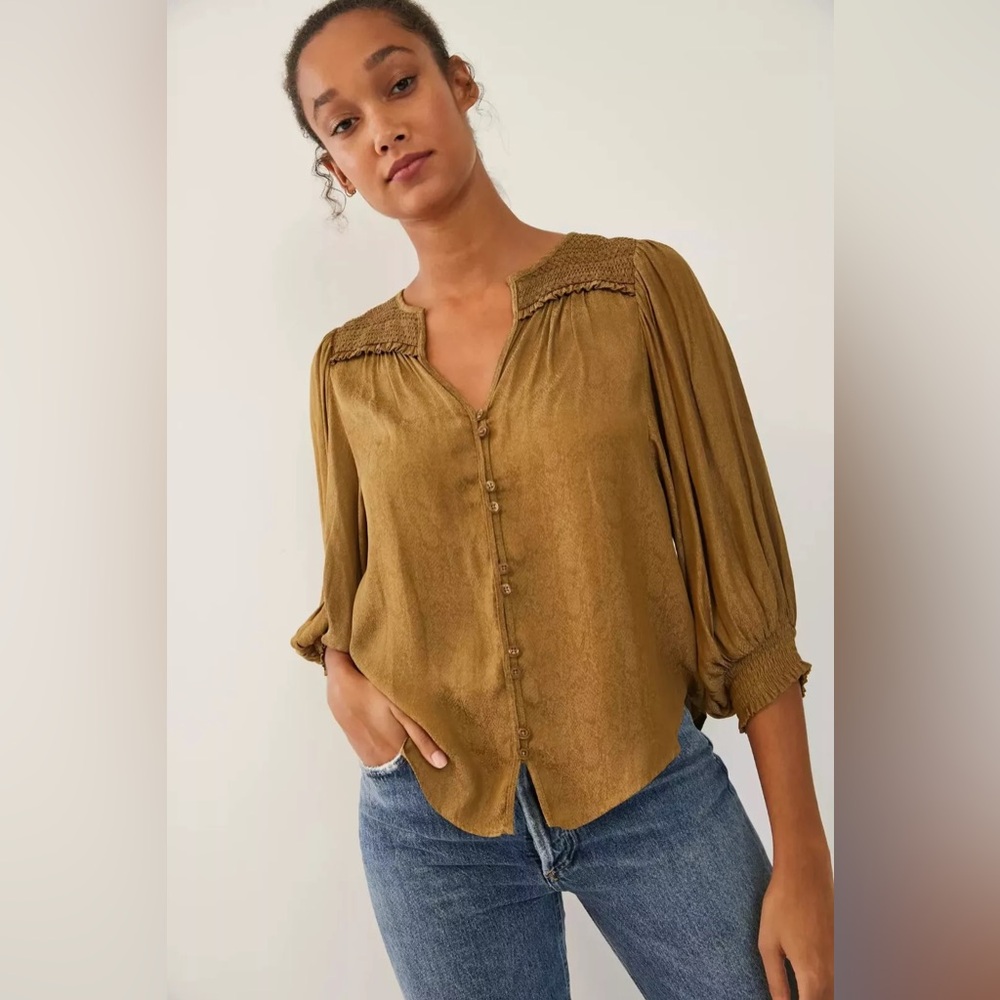 Anthropologie Cacee Jacquard‎ Buttondown Blouse in Golden Olive S